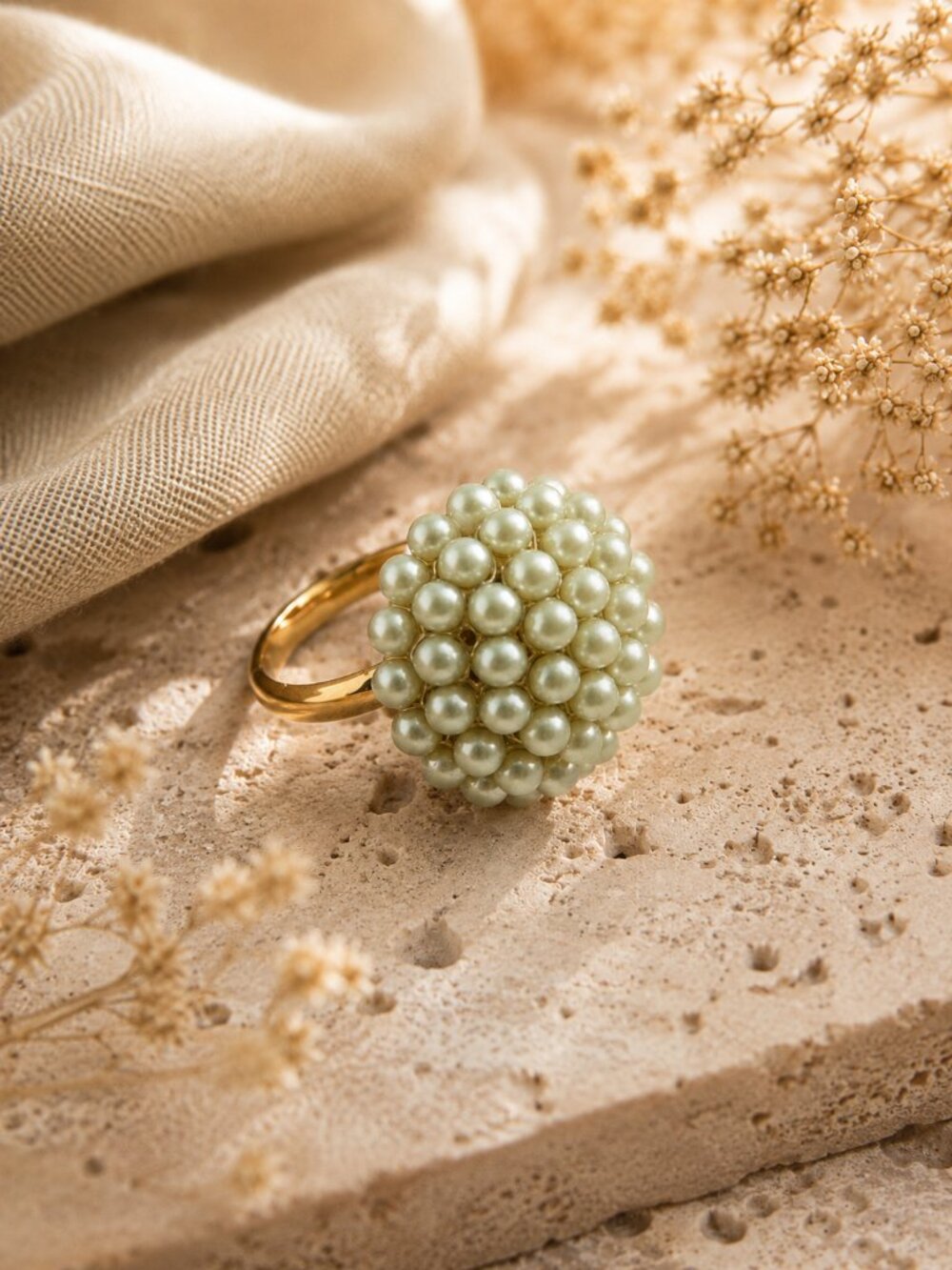 Olive Faux Pearl Cluster Ring Adjustable Gold Tone Statement Ring